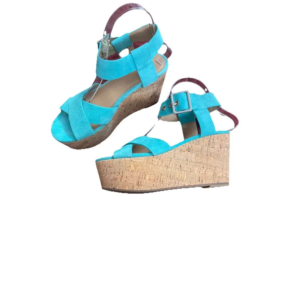 Marc Fisher LTD Cacie‎ Turquoise Suede Platform Sandal Buckle Women Sz 6.5 M Fun
